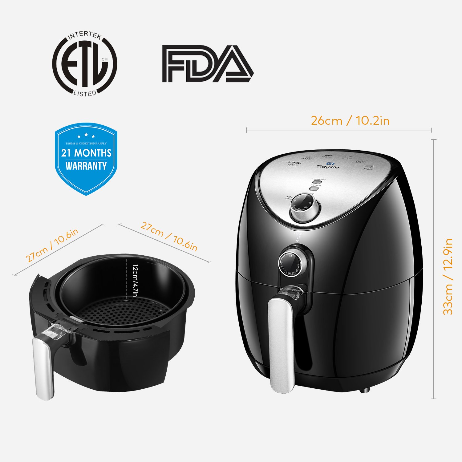 Amazon.com: Tidylife Air Fryer, 4.5 Quart Electric Oil-less Fryer with Smart Time & Temperature Control, Cookbook, 1500 Watt, Black Air Cooker: Kitchen & ...