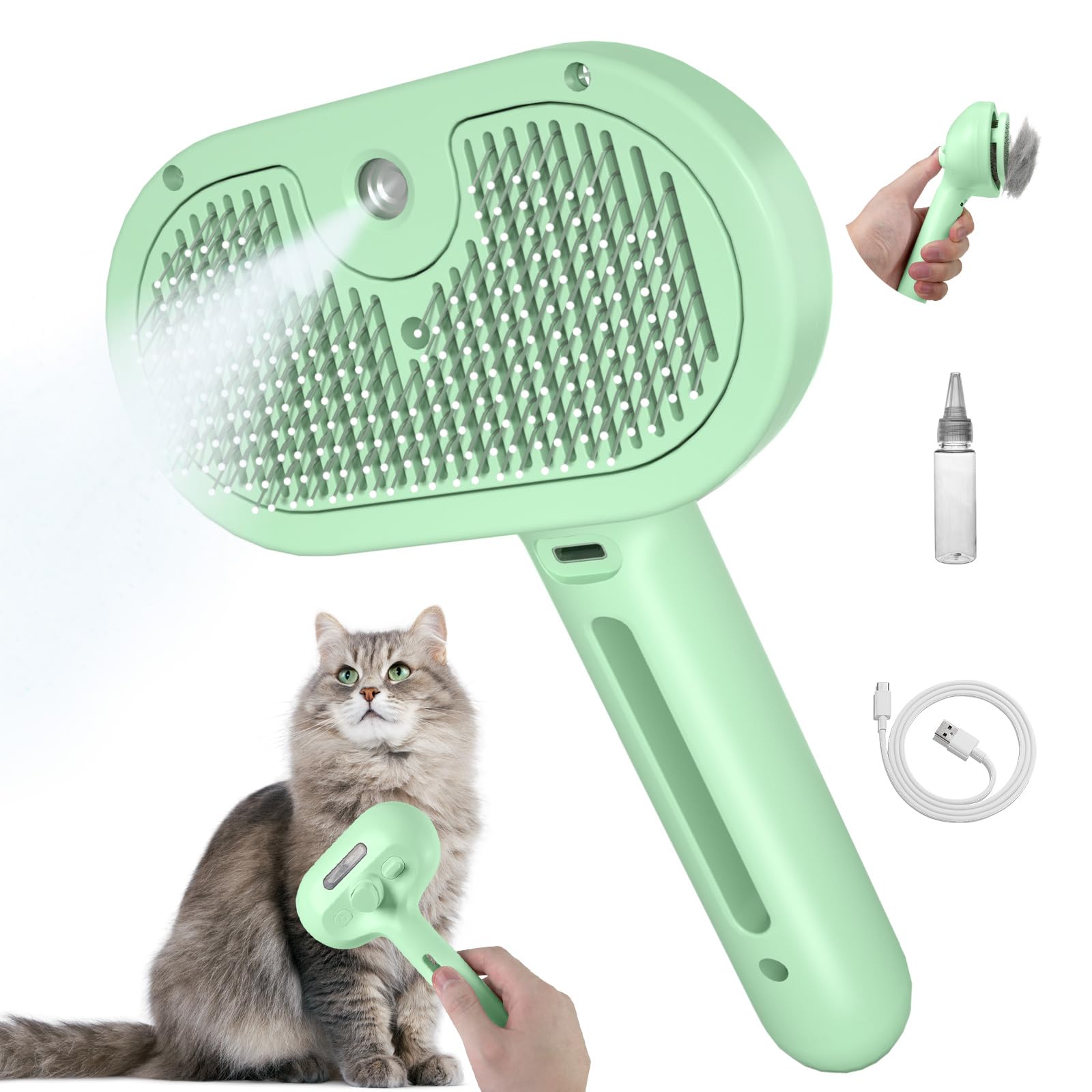 Steam Brush for Cat Grooming and Shedding - Self-Cleaning, Anti-Static Pet Brush for Long and Short Hair with Release Button (Green)