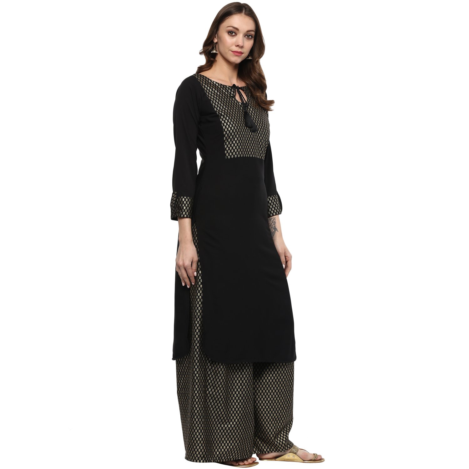 ziyaa women's black colour straight crepe gold foil print kurta & palazzo set