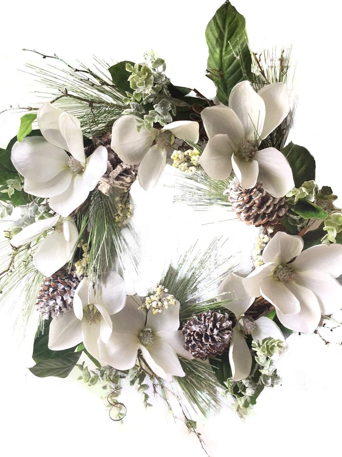 Amazoncom Frosted Winter White Christmas Magnolia Wreath With Pine