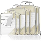 NICOSHOW Compression Packing Cubes 6 Set, Compressible Space-Saving Packing Cubes for Travel - Compression Bags, Luggage Organizer, Travel Essentials for Women, Beige