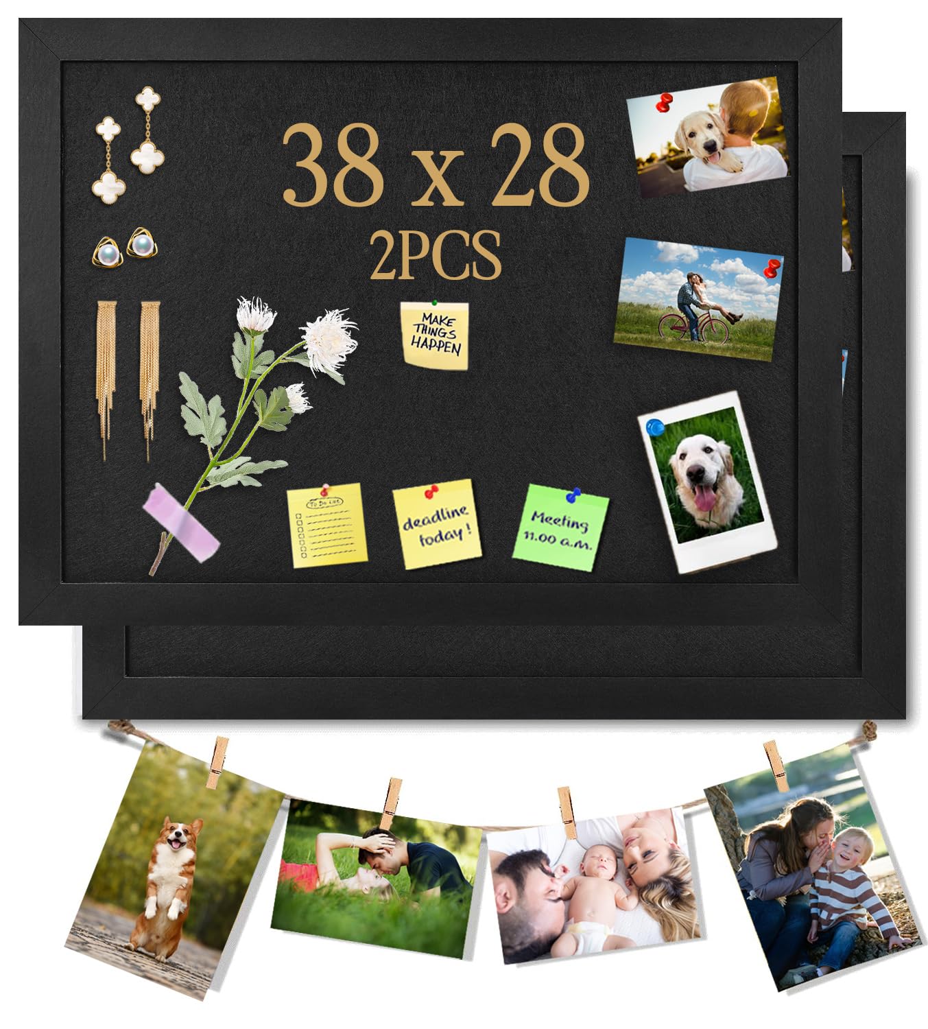 Black Bulletin Boards Cork Board with Felt, 38x28cm Small Display Pin Board Vision Board for Walls, Jewelry, Notes, Collection, Photos, Office, Black Framed and Felt Board, 2pc, UK