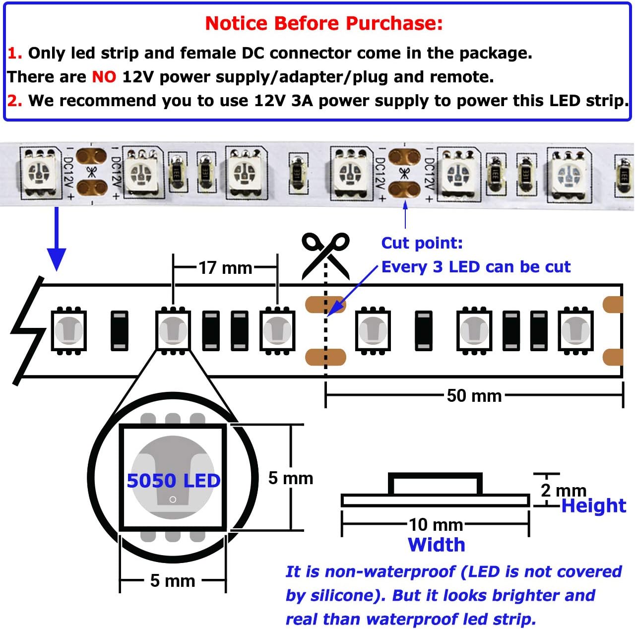 iNextStation 5M Blue LED Strip Light, 12V SMD5050 Cuttable LED Tape Lights - Image 3