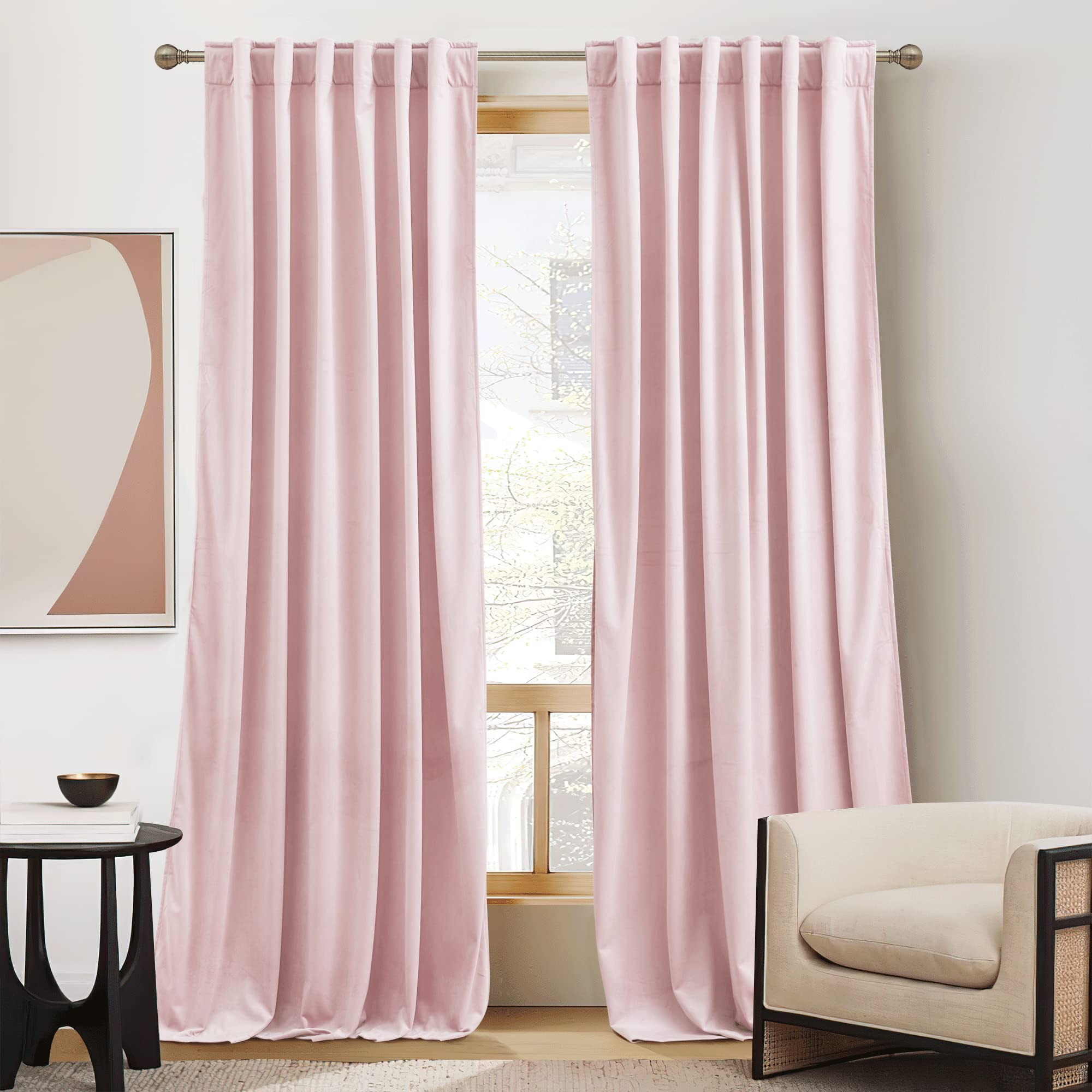 Photo 1 of RYB Home Pink Velvet Curtains 96 inches - Blackout Curtains for Living Room, Thermal Insulated Noise Reducing Panels Soft Luxury Window Decor for Bedroom, Blush Pink, W52 x L96 inches, 2 Panels