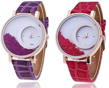 Royal Enterprise Latest Collection Fancy and Attractive Movable Purple and red Colour Diamond Beads in dial Stylish Leather Watch for Girls- Women's Watches