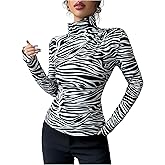 Milumia Women's Zebra Print Long Sleeve Tops Mock Neck Fitted Tee T Shirts