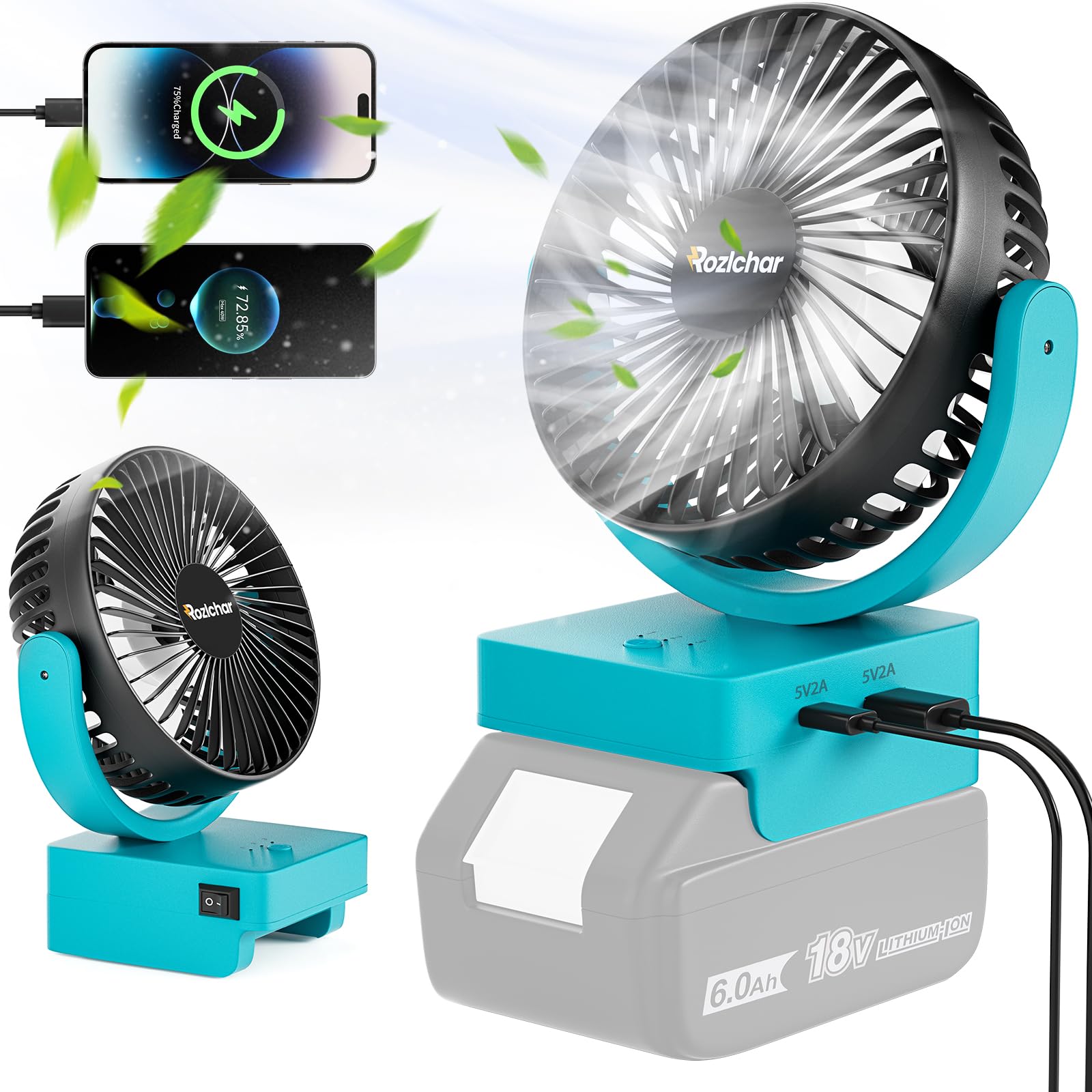 Rozlchar Portable Cordless Fan Compatible For Makita 18V Battery, Work for BL1860 BL1850 BL1840 BL1830, Jobsite Fan With USB A+C Fast Charging For Camping Workshop and Construction Site(No Battery)