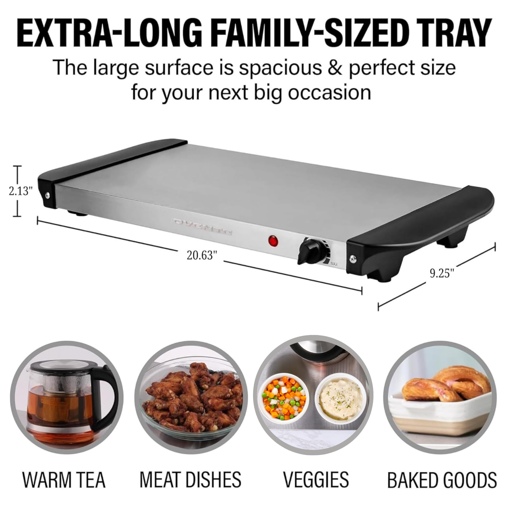 OVENTE Electric Warming Tray with Adjustable Temperature Control, Compact Food Warmer & Server for Buffets, Parties, Events, and Dinners, Cool-Touch Handles, Stainless Steel, Silver FW170S