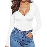 MANGOPOP Deep V Neck Long Sleeve Shirts for Women Sexy Slim Fitted T Shirt Tops