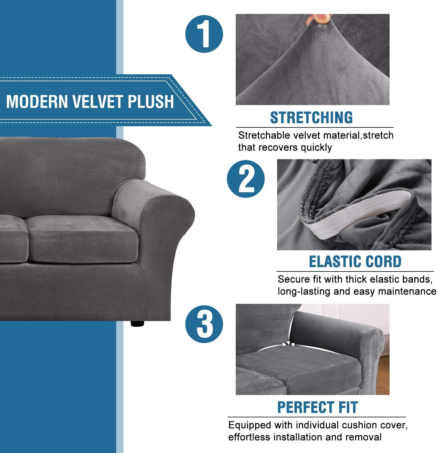 H.VERSAILTEX Real Velvet Plush 3 Piece Stretch Sofa Cover Velvet-Sofa Slipcover Loveseat Cover Furniture Protector Couch Soft Loveseat Slipcover for 2 Cushion Couch with Elastic Bottom(Loveseat,Gray): Kitchen & Dining