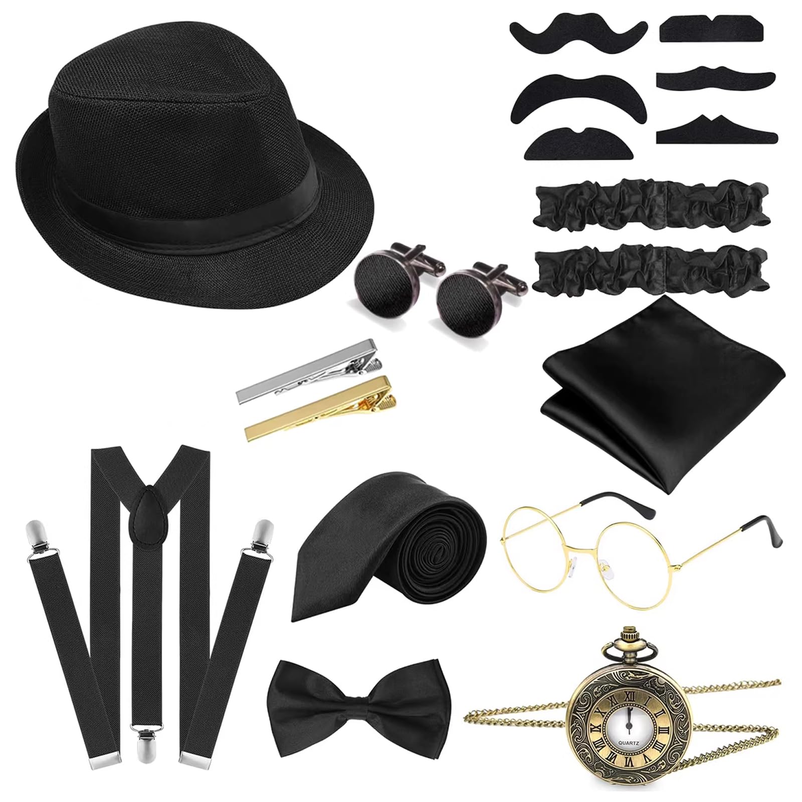 YNR 1920s Mens Costume Accessories Set Costume Kit Gentleman Fancy Dress with Hat Pocket Watch Bow Tie Glasses Suspender for Man Party