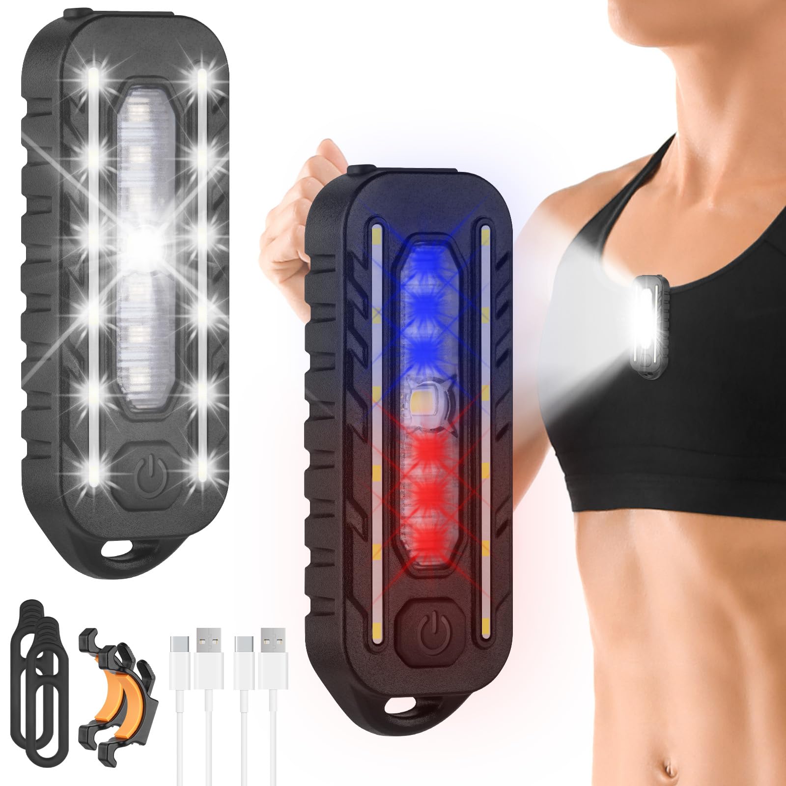 Adiwo Running Light for Runners, 2 Pack Clip on Flashlight, Hands Free Walking, Portable Rechargeable LED With 5 Modes, Ultra Bright for Camping, Fishing, and Emergency