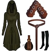 Renaissance Costume Women Hooded Robe Lace Up Dress Halloween Vintage Medieval Cloak