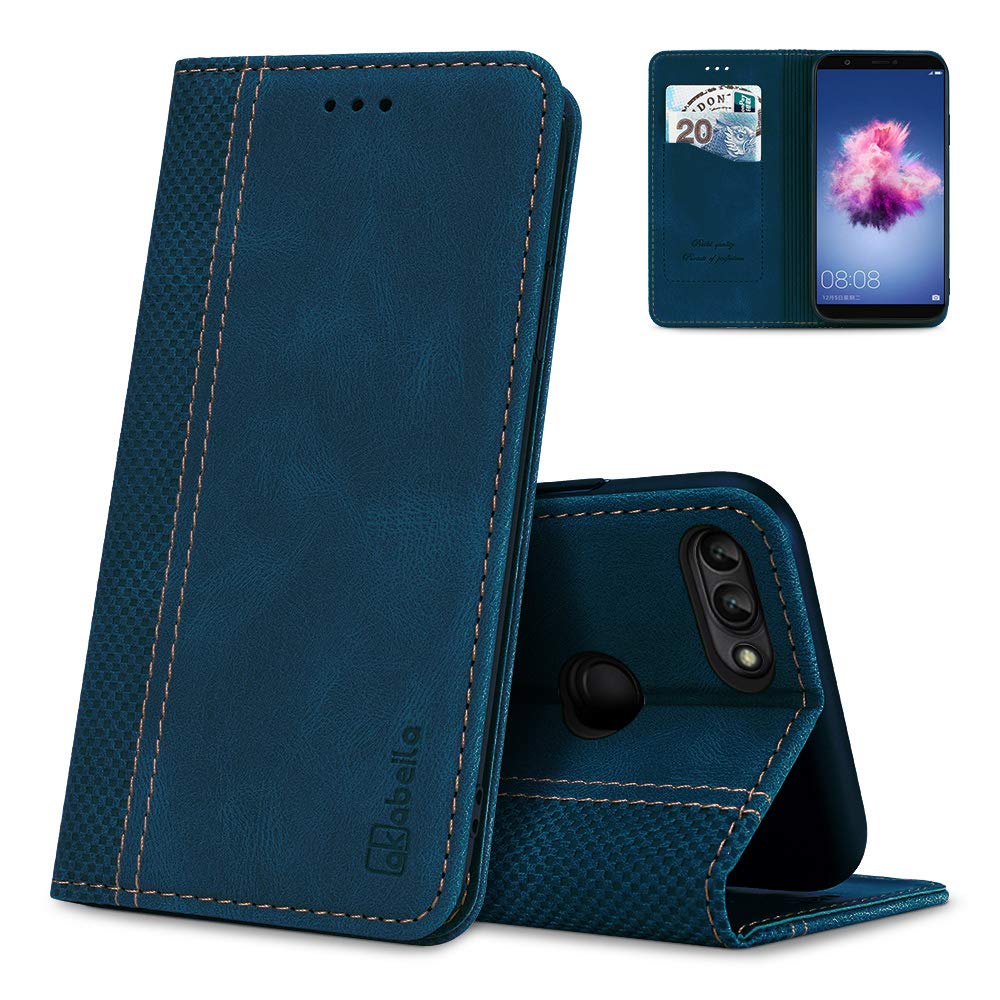 AKABEILA Case for Huawei P Smart 2018 (5.65") Premium Leather Flip Wallet Case with Magnetic Closure Kickstand Card Slots Folio Phone Cover Protective Screen Protector Holster Shell Shockproof Blue