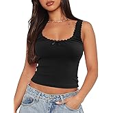 NODHUT Women's Tank Tops Cute Slim Fitted Ribbed Knit Bow Lace Camisole Top Sexy Summer Square Neck Sleeveless Going Out Tops