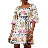 Floerns Women's Floral Tie Back Puff Sleeve A Line Dress Square Neck Boho Dresses