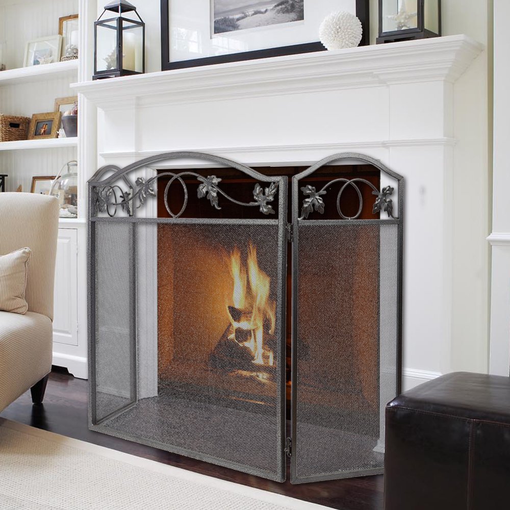 Amagabeli 3 Panel Pewter Wrought Iron Fireplace Screen Outdoor Metal Decorative Mesh Cover Solid Baby Safe Proof Fire Place Fence Leaf Design Steel Spark Guard for Fireplace Panels Accessories