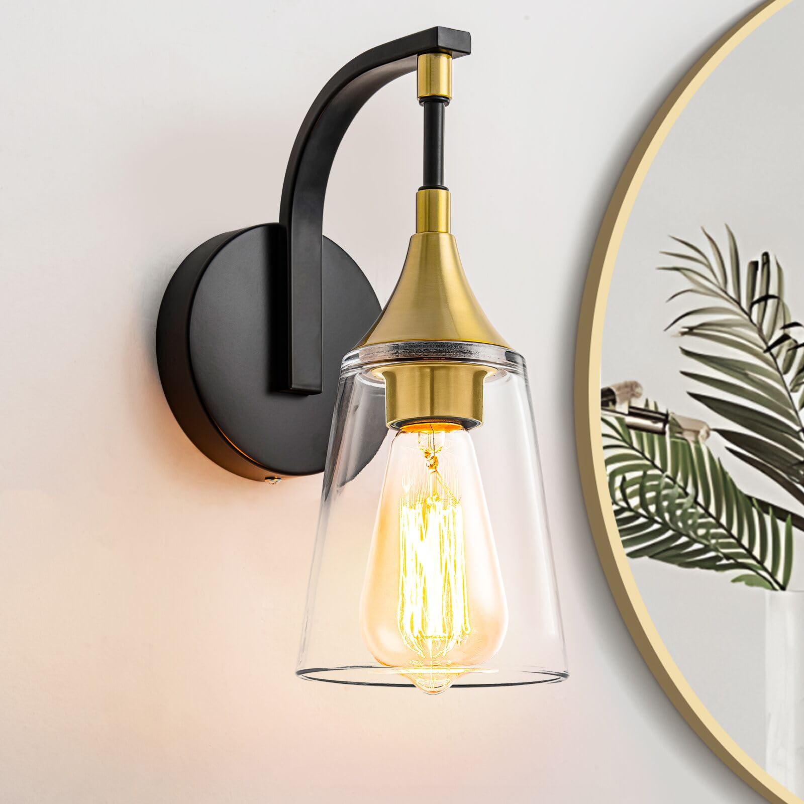 Photo 1 of Ymlii 1-Light Bathroom Wall Sconce Light, Black and Gold Wall Light Fixtures with Clear Glass Shade, Modern Wall Lamp Indoor Wall Mounted Light for Hallway Bedroom Living Room Mirror