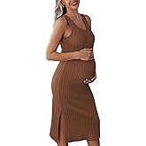 Ekouaer Women's Maternity Dress Rib Knit Sleeveless Tank Side Slit Bodycon Dresses Pregnancy Clothes S-XXL