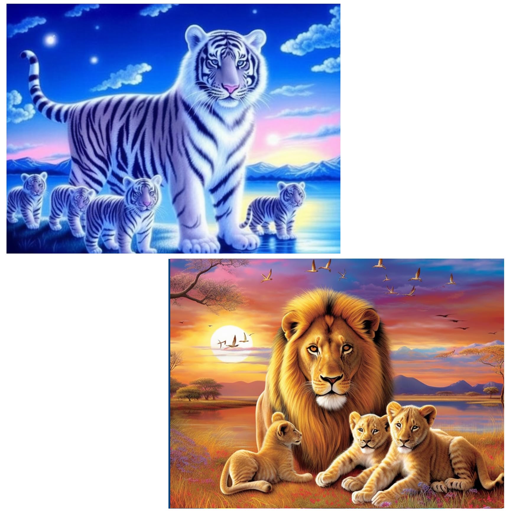 Ginfonr 2 Pack 5D Diamond Painting Tigers & Lions Full Drill by Number Kits, Craft Rhinestone King of Polar Regions & Oasis Paint with Diamonds Set Animal Arts Decorations (12x16inch)