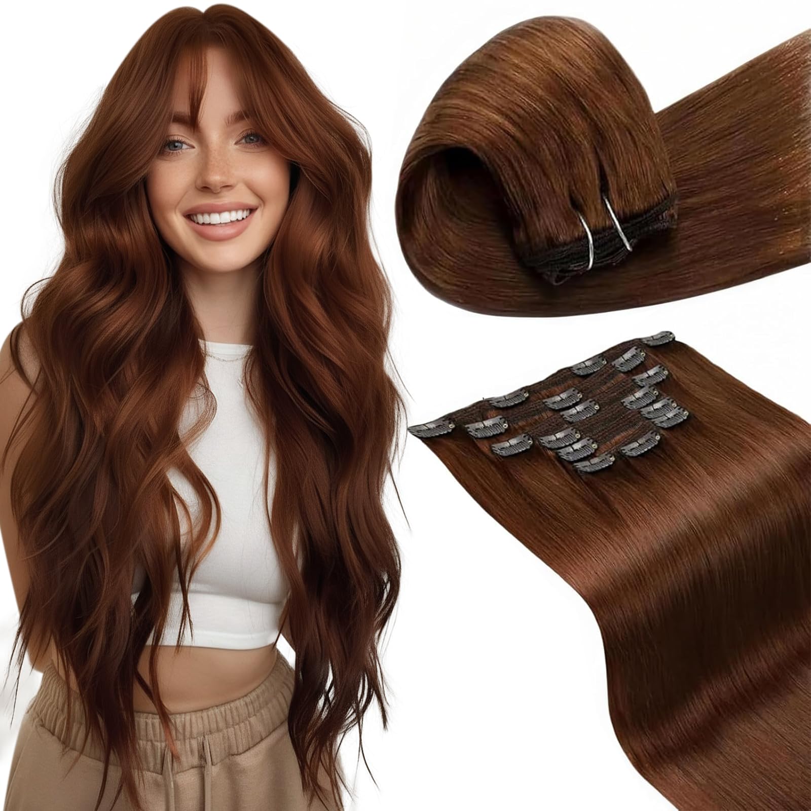 LaaVoo Clip in Hair Extensions Real Human Hair Brown Hair Extensions Clip in 16 Inch 120g 7pcs Full Head Straight Red Brown Remy Hair Double Weft #33 — image 1