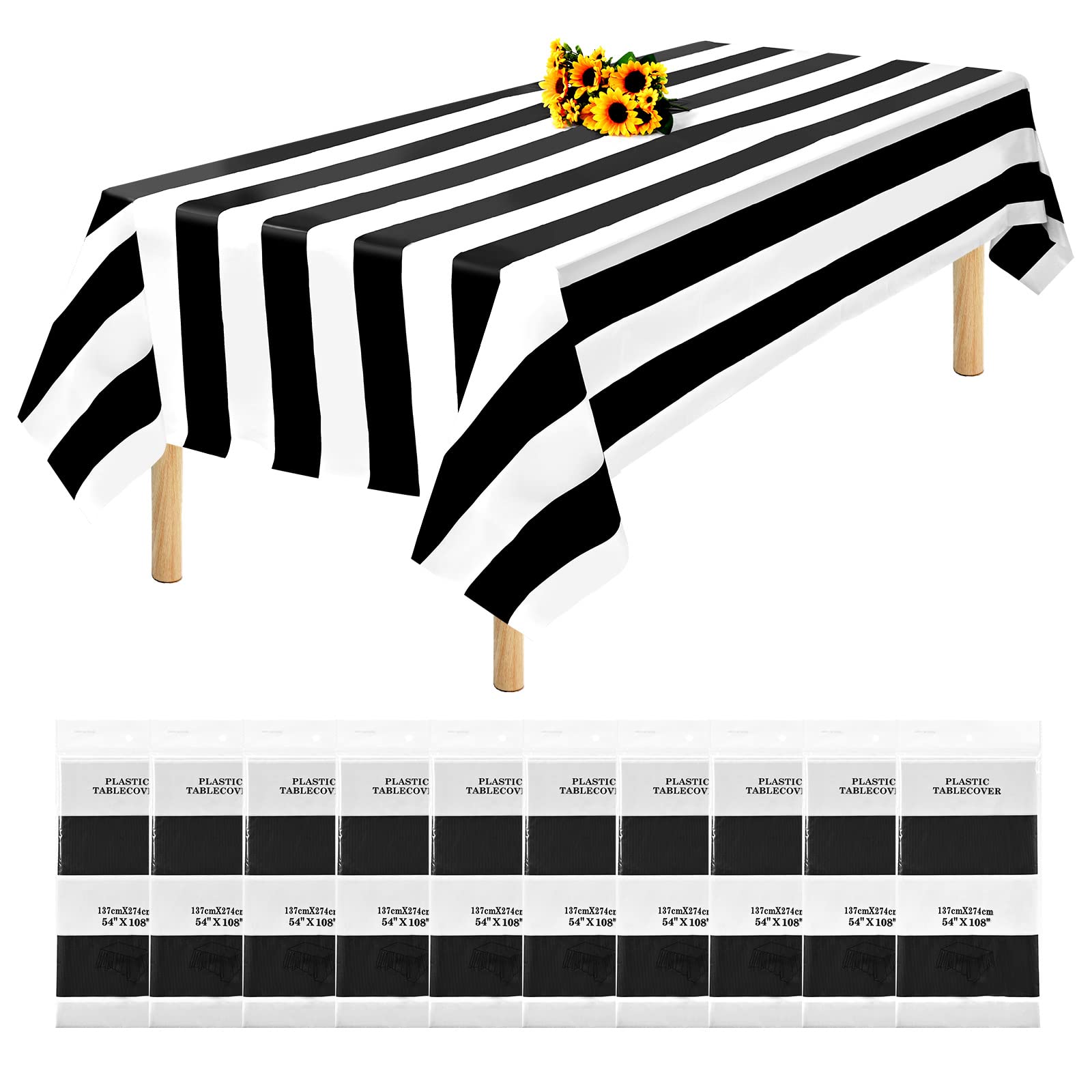 Photo 1 of 10 Packs Black Striped Rectangular Tablecloth Plastic Waterproof Tablecloths 54" x 108" Disposable Carnival Circus Classic Black and White Table Covers,for Birthday,Picnic Party,Outdoor Table Decorati