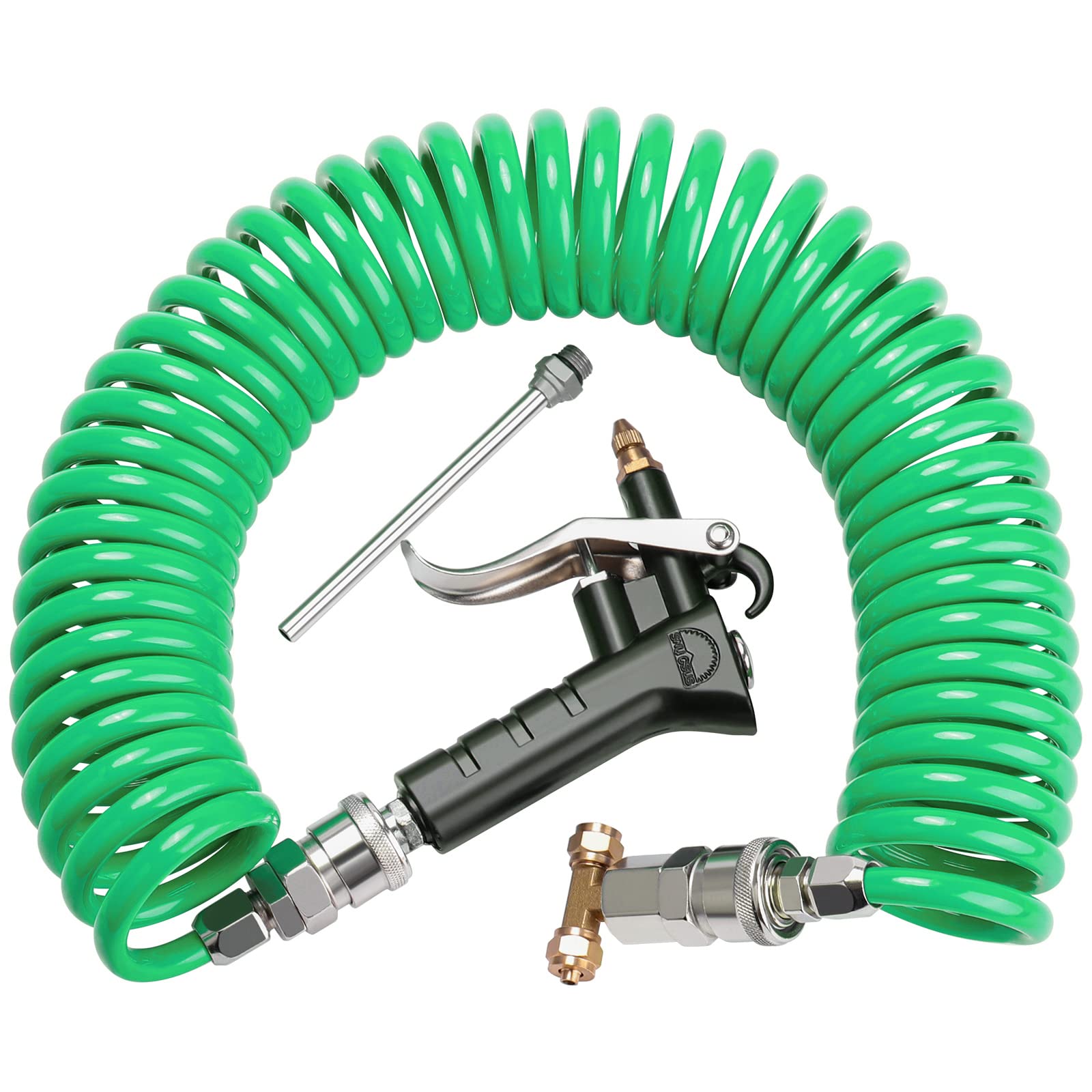 Boeray Heavy Duty Truck Air Duster Blow Gun Cleaning with 9 Meter Long Coil and 2 Interchangeable Nozzle Tips- Green Air Seat Blow Gun Kit