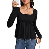LYANER Women's Square Neck Frill Ruched Long Sleeve Babydoll Peplum Top Blouse Shirt