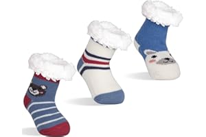 FENELY 3 Pairs Winter Kids Fuzzy Slipper Socks 2-4/4-6/6-8 Girls Boys Thermal Warm Non-Skid，Gifts for Christmas Stocking