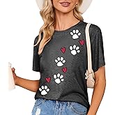 Dog Paw Love Heart Print T-Shirt for Women Short Sleeve Dog Mom Graphic Tees Tops