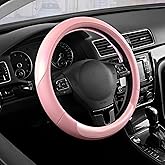Road Comforts Steering Wheel Cover – Breathable Leather Steering Wheel Cover, Anti-Slip Grip, Universal Fit 14.5” to 15”, Heat & Cold Resistant for Cars, SUVs, and Trucks – Shining Pink & Pink