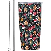 TOUNHEYA Christmas Themed Tumbler with Lid and Straw Gingerbread 20oz Insulated Stainless Steel Cup Black Travel Coffee Mug Water Bottle for Women Gift for Birthday