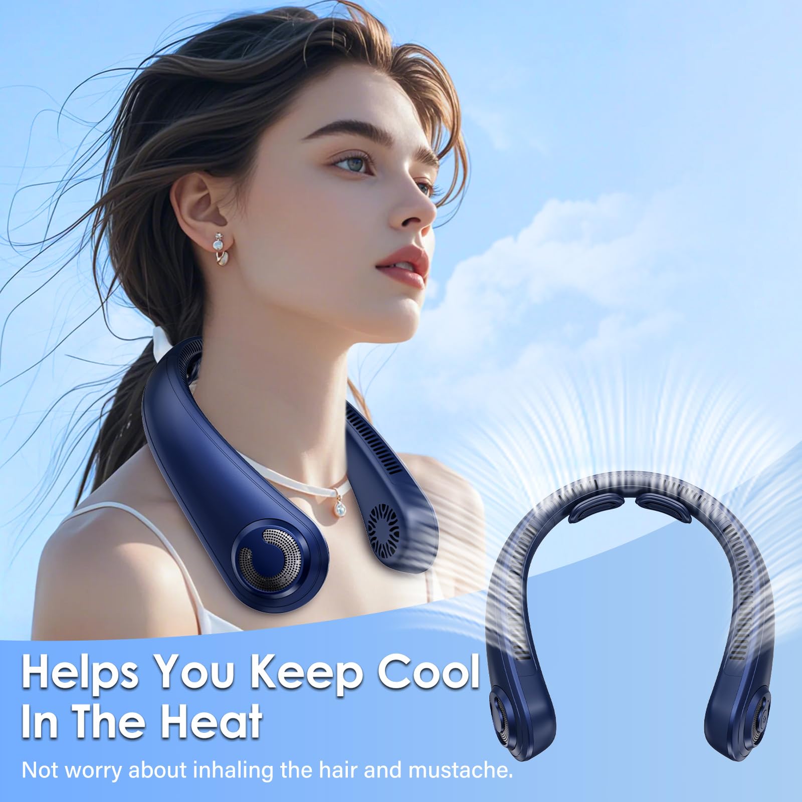 Portable Lightweight Neck Fan Rechargeable, 5 Speeds, Neck Support, USB Personal Bladeless Wearable Cooling Neck Fan for Hot Flashes, Disneyland, Travel, Christmas Gift for Men Women (Blue)