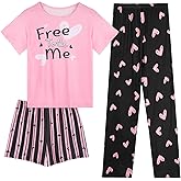 FIOBEE Girls Pajamas Sleepwear 3 Pieces Soft & Cute Summer Kids Pajama Sets Short Sleeve With Shorts & Long Pants PJS Clothes