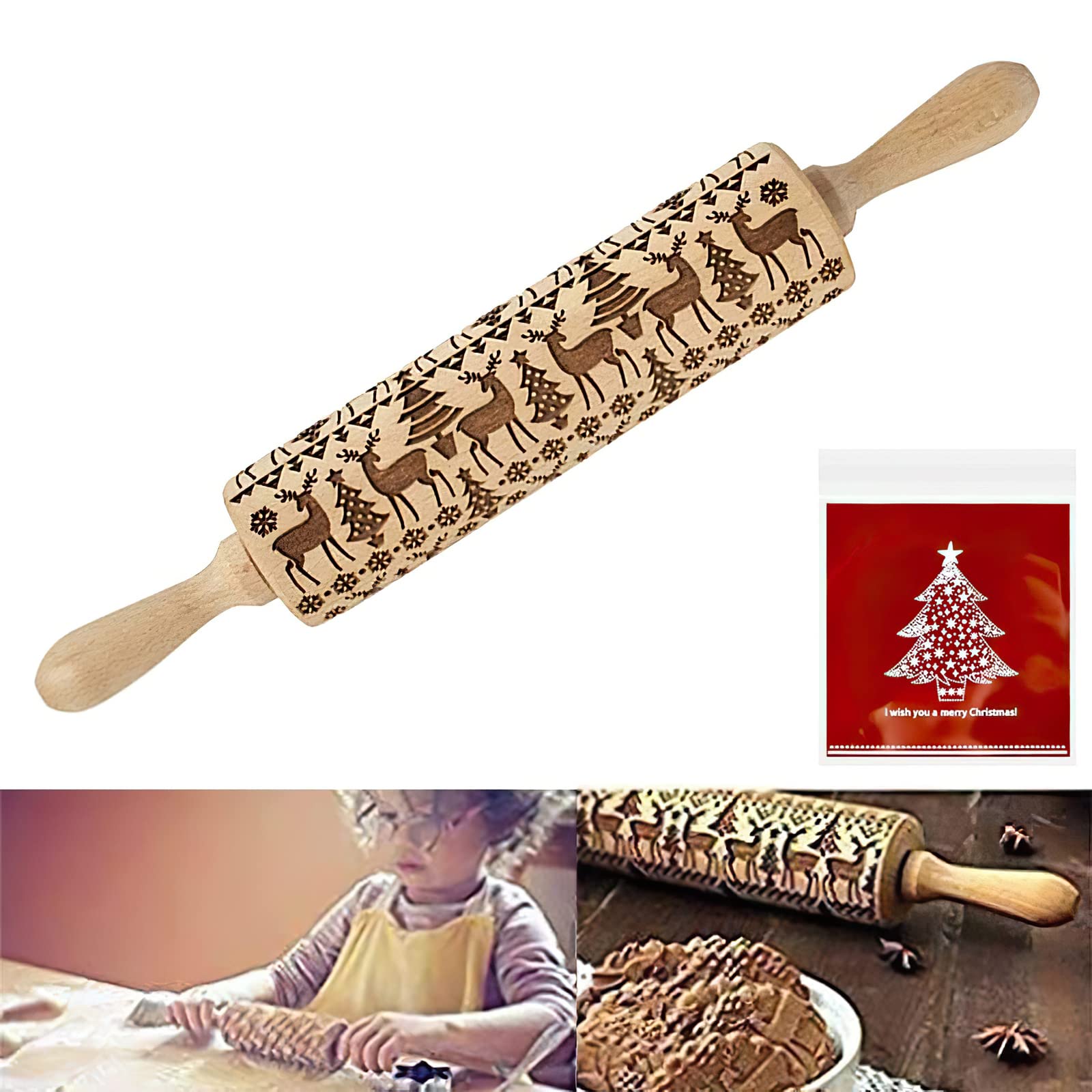 Christmas Rolling Pin for Baking Wooden Christmas Embossed Rolling Pin and Biscuit Bags for Baking Xmas Theme Pastries & Cookies