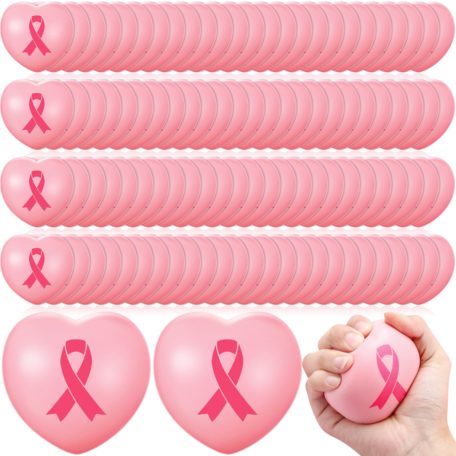 Photo 1 of Wettarn 100 Pcs Breast Cancer Awareness Pink Ribbon Stress Balls Heart Shaped Bulk for Breast Awareness Accessories Gift Items Party Favors Supplies Decorations Charity Public Social Event Welfare