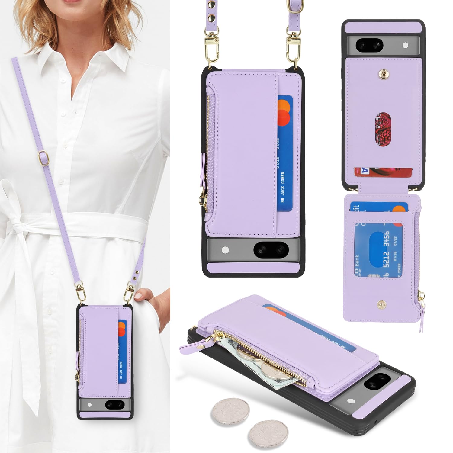 SailorTech for Google Pixel 7a Phone Case with Credit Card Holder for Women, Google Pixel 7a Leather Case Wallet Crossbody with Card Slots Zipper Shockproof Case for Men-Purple — image 1