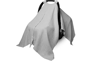 BORYOKUN Muslin Car Seat Cover for Babies, Baby Carseat Cover for Boys Girls, Breathable Infant Car Seat Canopy, Multiuse Baby Carrier Cover & Nursing Breastfeeding Cover(Light Gray)