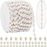 KYUNHOO Dainty Rosary Beaded Chains for Jewelry Making 5 Meters Faux Pearl Decoration Stainless Steel Gold Chain Links with Jewelry Connectors for DIY