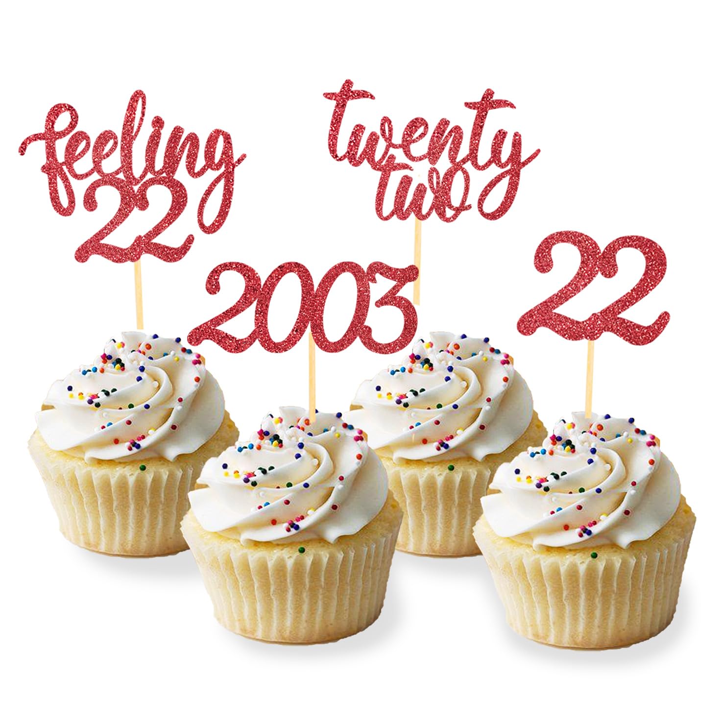 Photo 1 of 24pcs Feeling 22 Cupcake Toppers, Twenty Two Birthday Cake Decorations, Cheer to 22 Years Old Theme Party Decoration Supplies (Red)