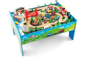 INFANS Train Table, 80 Pieces Wooden Kids Activity Toy Table Playset with Reversible Detachable Tabletop, Tracks, Train, Rail