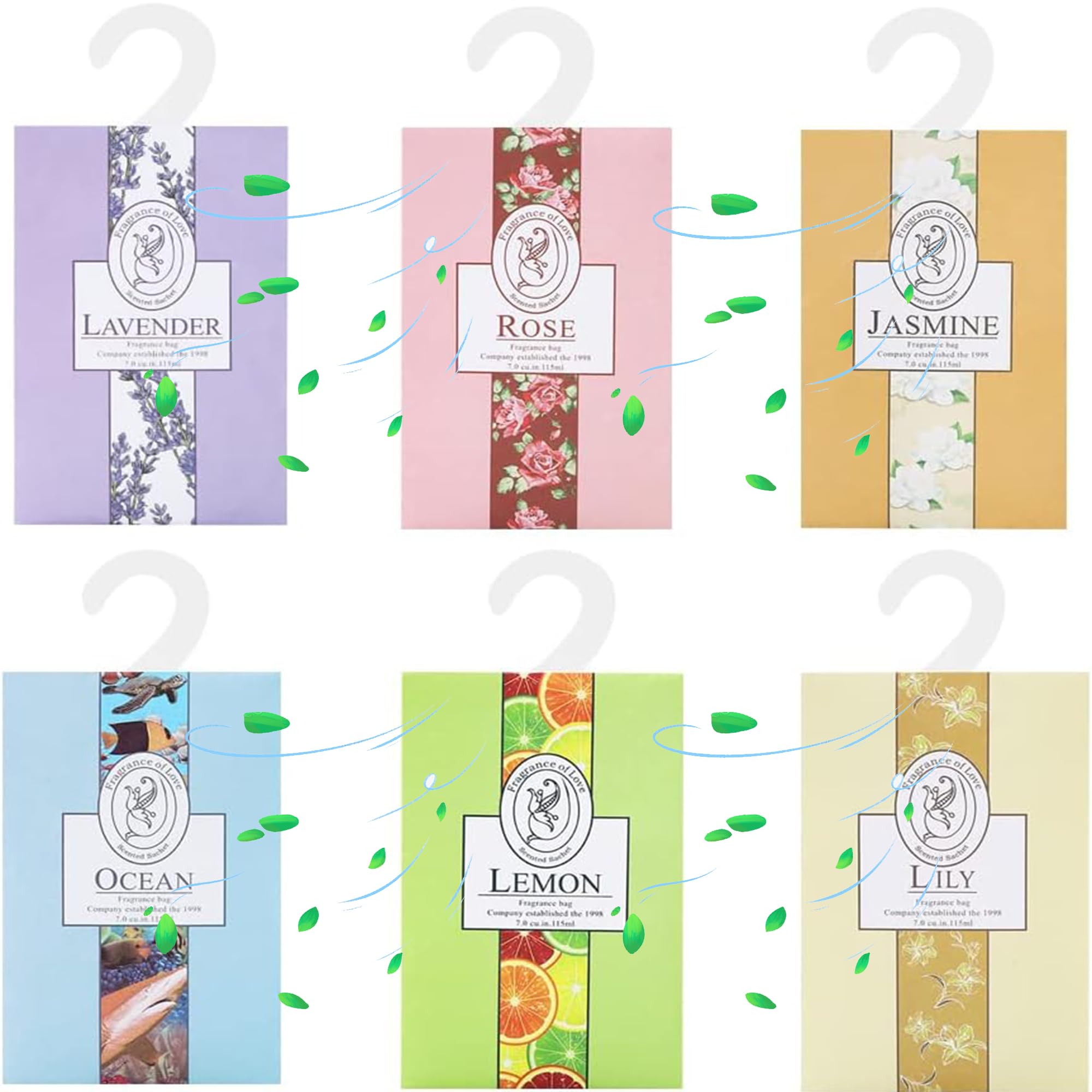 WDEC 6pcs Sachets With Hanging Sachets Wardrobe Closet Room Wardrobe Fresheners Bathroom Cart, Aromatherapy Bag, Natural Mothproof Agent, Lasting Fragrance(Jasmine, Rose, Lavender, Lily, Ocean, Lemon)