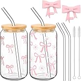 Skylety Set of 2 Coquette Bow Glass Cup 16oz Pink Glass Cup with Lids and Straws Reusable Pink Bow Silicone Straw Toppers Lids Protectors 2 Brush for Drinking Coffee Tea Cocktail(Bow)