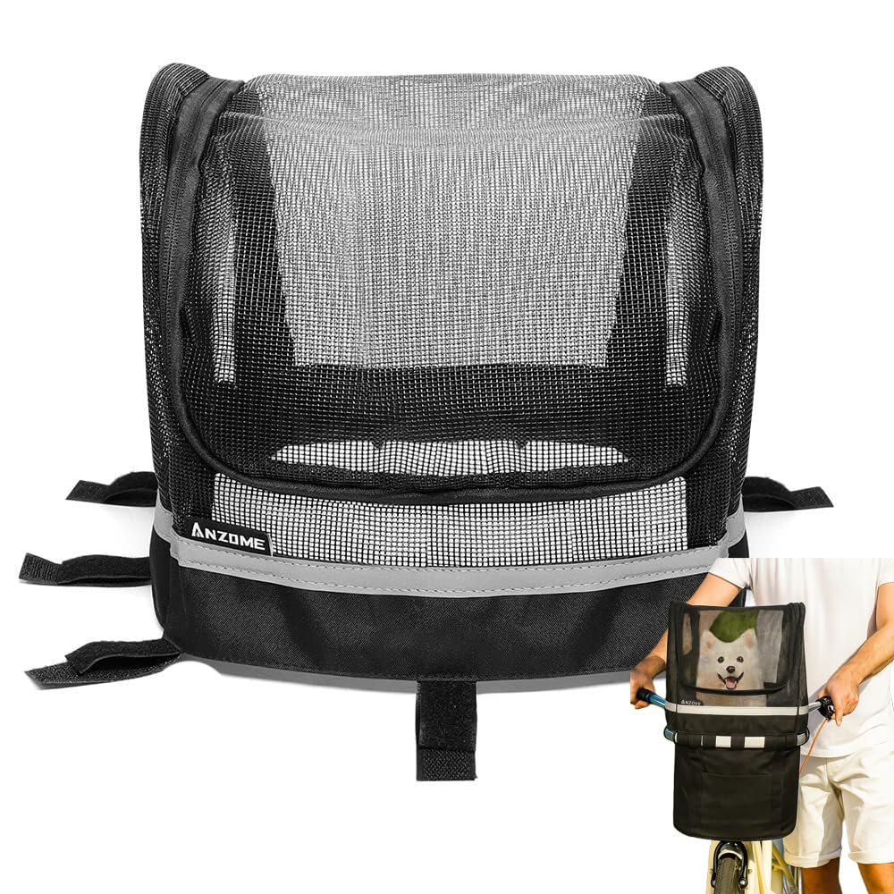 Photo 1 of ***(MISSING PARTS -SELLING AS IS)*** 
ANZOME Dog Bike Basket Cover, Breathable Mesh Pet Carrier Cover for Small Pets, Secure Velcro Straps, Reflective Safety Strip, Easy Install for Bicycle Front Basket 12.9”L×8.6”W (Basket Not Included)
