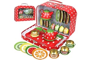 Tea Set for Little Girls, Pretend Play Tea Party Set, Fruit Design Kids Tin Tea Set with Carrying Case (15 Pcs)