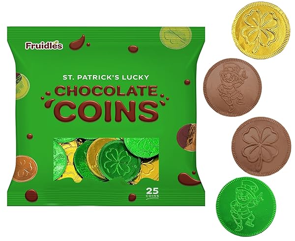 ST. PATRICK’S DAY MILK CHOCOLATE GREEN & GOLD COIN, 25 COINS, SHAMROCK & LEPRECHAUN THEMED COINS, PARTIES, EVENTS AND CELEBRATIONS, PERFECT FOR GIFT BAGS AND FESTIVE DECORATIONS, 4.5G MILK CHOCOLATE COIN