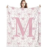 LIANGW Coquette Pink Bow Flower Throw Blanket, Personalized Initial M Soft Fluffy Cozy Flannel Blanket, Monogrammed Gifts for Daughter Women Teen Girls, Customized Blanket for Bedroom, 50x60 in