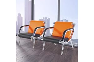 WALNEST Waiting Room Chair with Armrest 2 Seat Orange Black PU Leather Office Furniture Guest Seating Lobby Conference Reception Chair Visitor Guest Sofa for Office Airport Clinic Hospital Bank Salon Barber