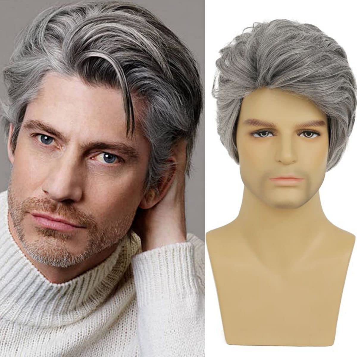Baruisi Men Wigs Short Grey Synthetic Halloween Costume Male Wigs