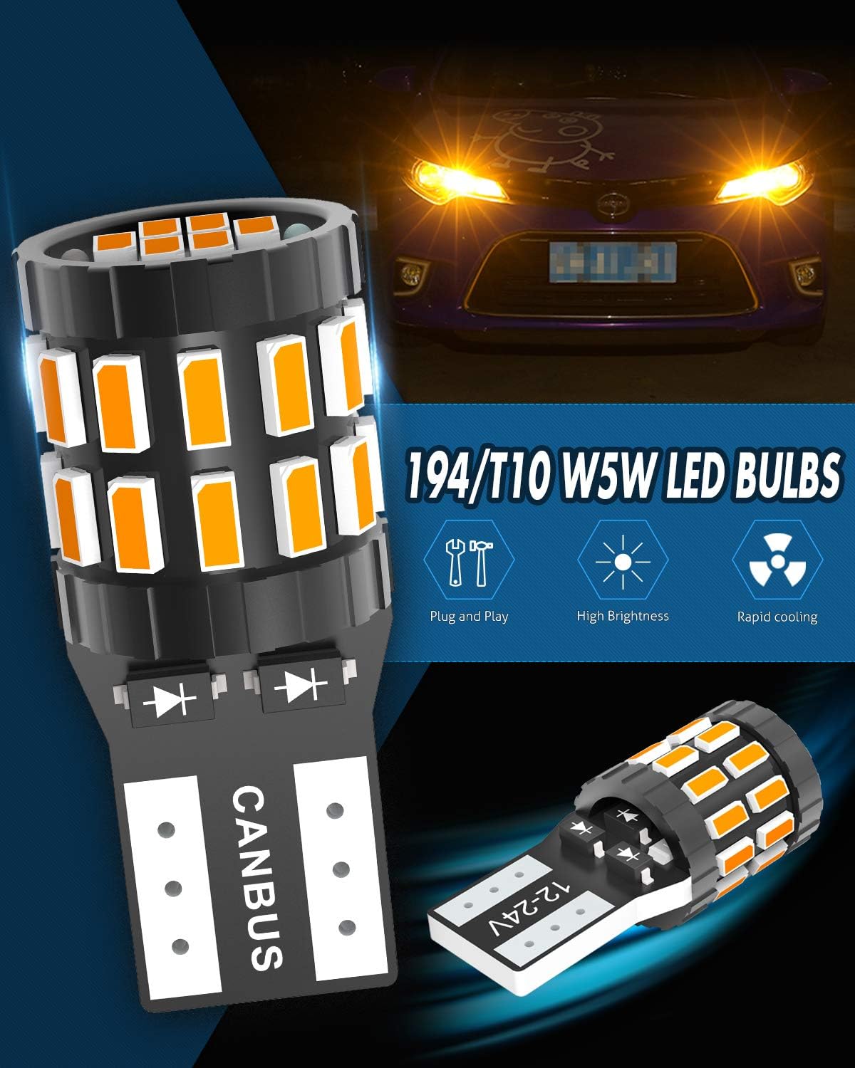 KATUR 194 T10 W5W 168 LED Light Bulb Super Bright Amber Yellow 30-SMD 3014 Chips 12-24V CANBUS Error Free LED Bulbs Replacement for Car Dome Map Door Courtesy License Plate Light (Upgraded Version) - Image 3